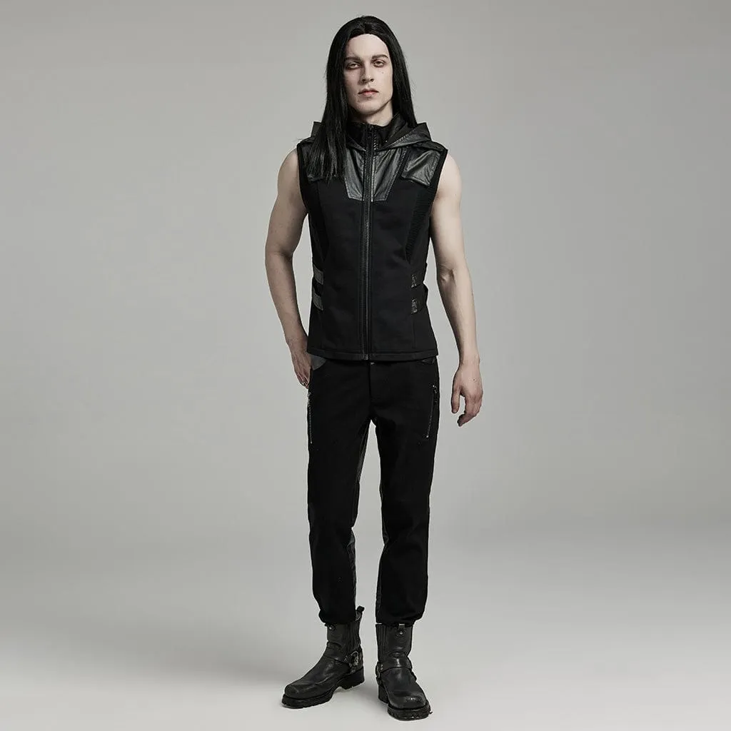 Men's Punk Mesh Splice Faux Leather Vest with Hood