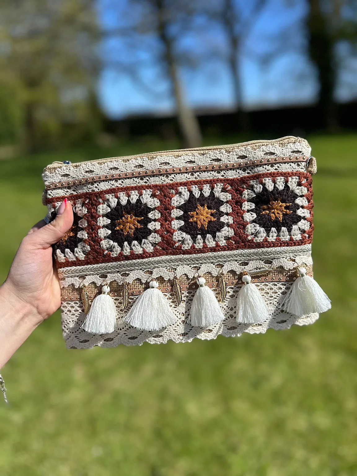 Natural Crochet Embellished Clutch Bag