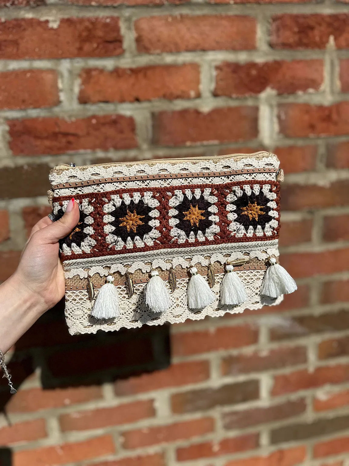 Natural Crochet Embellished Clutch Bag