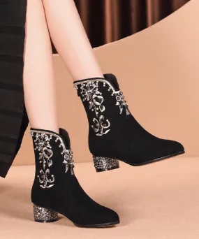 New Black Embroidered Zircon Splicing Suede Chunky Boots