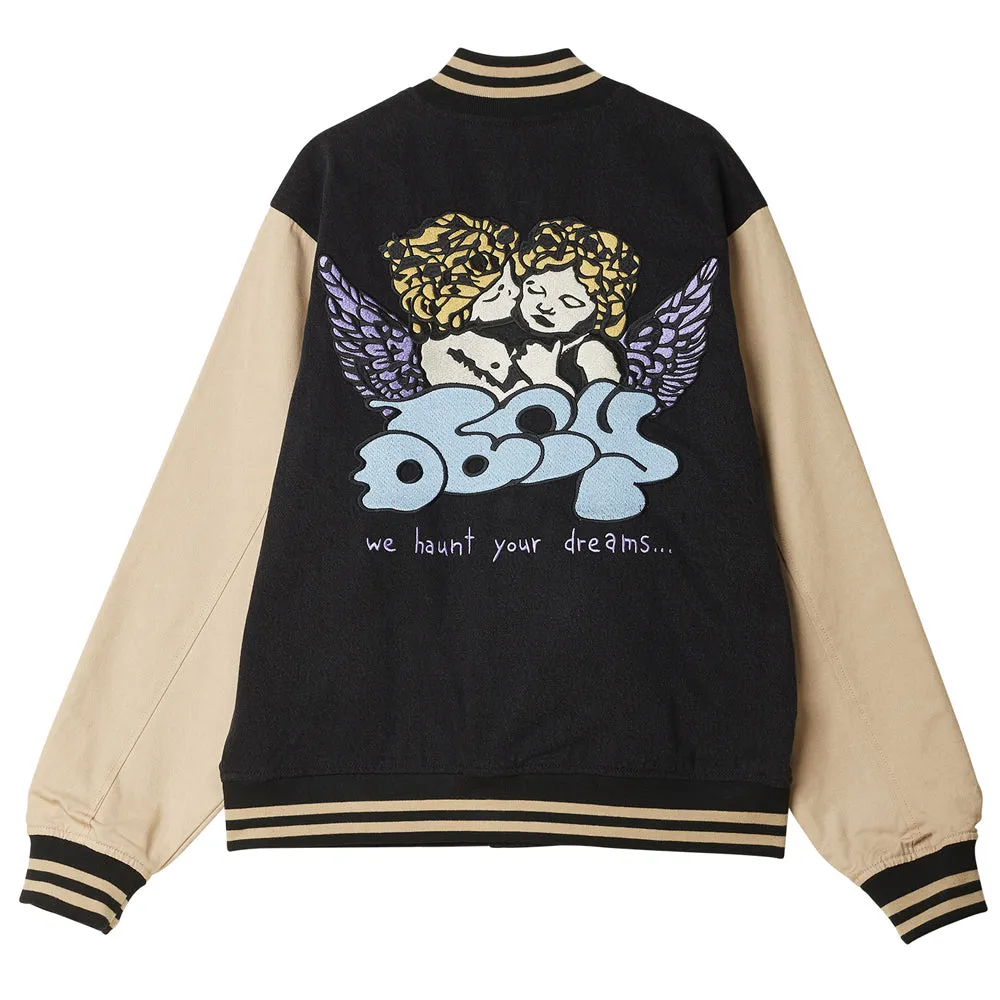 OBEY CARE DENIM VARSITY JACKET // DUSTY BLACK MULTI