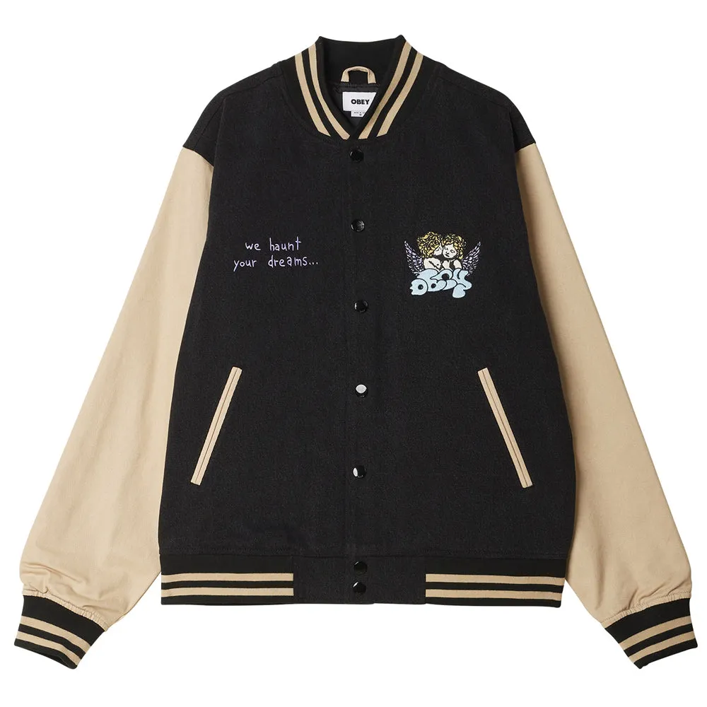 OBEY CARE DENIM VARSITY JACKET // DUSTY BLACK MULTI