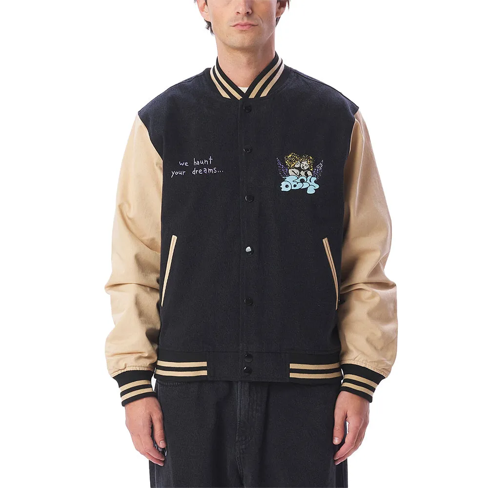 OBEY CARE DENIM VARSITY JACKET // DUSTY BLACK MULTI