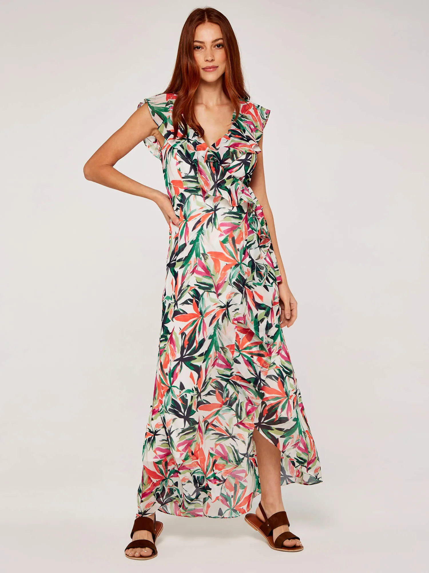 Palm Print Ruffle Wrap Midi Dress | Apricot Clothing