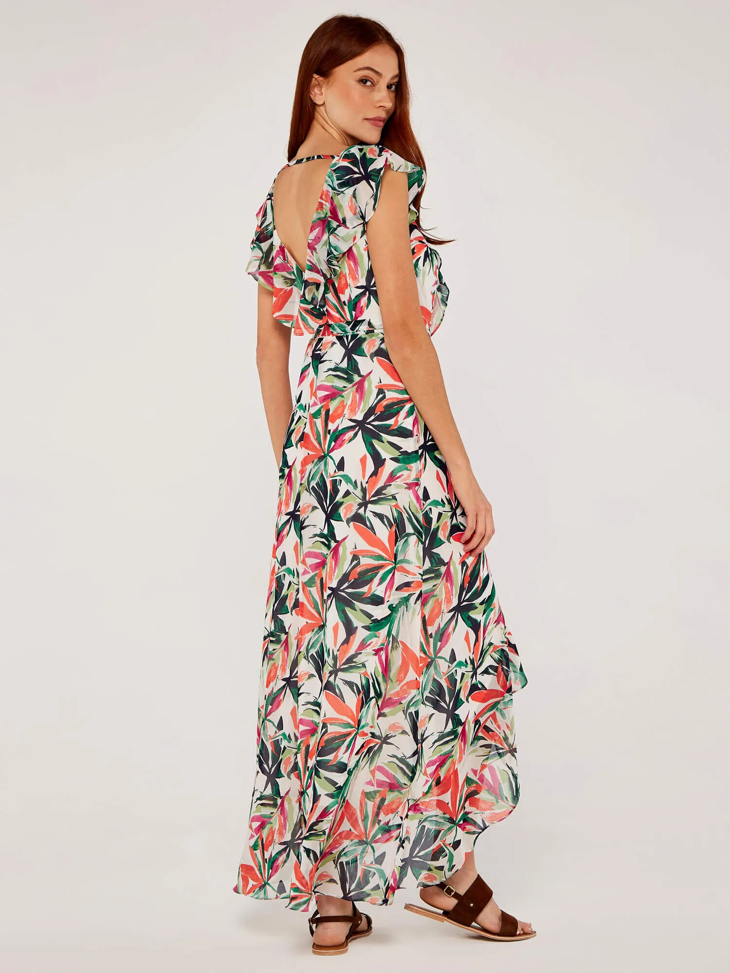 Palm Print Ruffle Wrap Midi Dress | Apricot Clothing