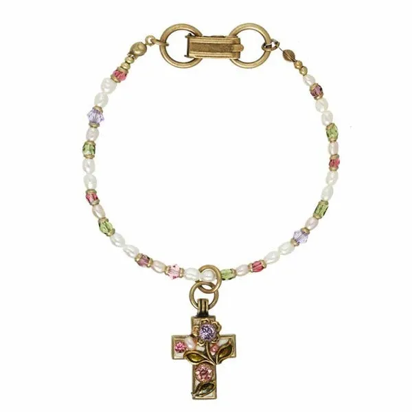 Pearl Blossom Small Cross on Chain Bracelet