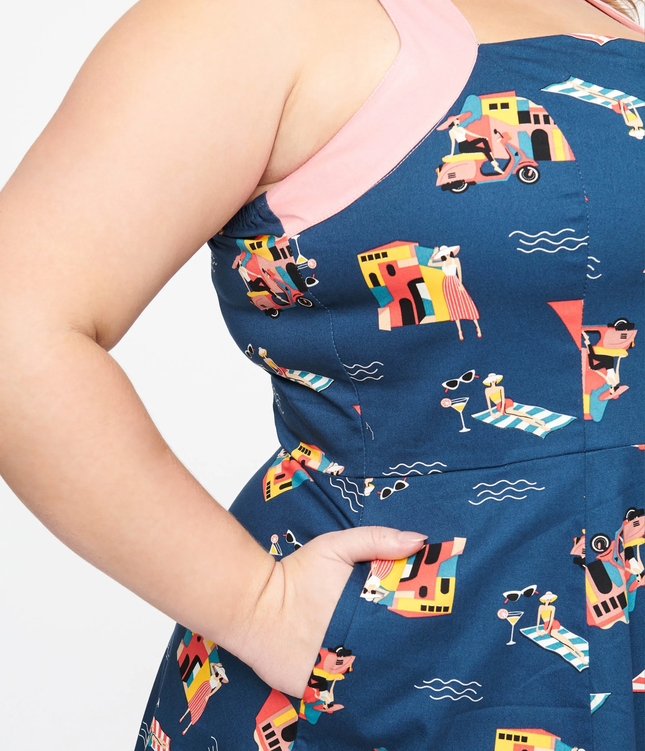 Plus Size 1950s Blue Cotton Portofino Living Print Swing Dress