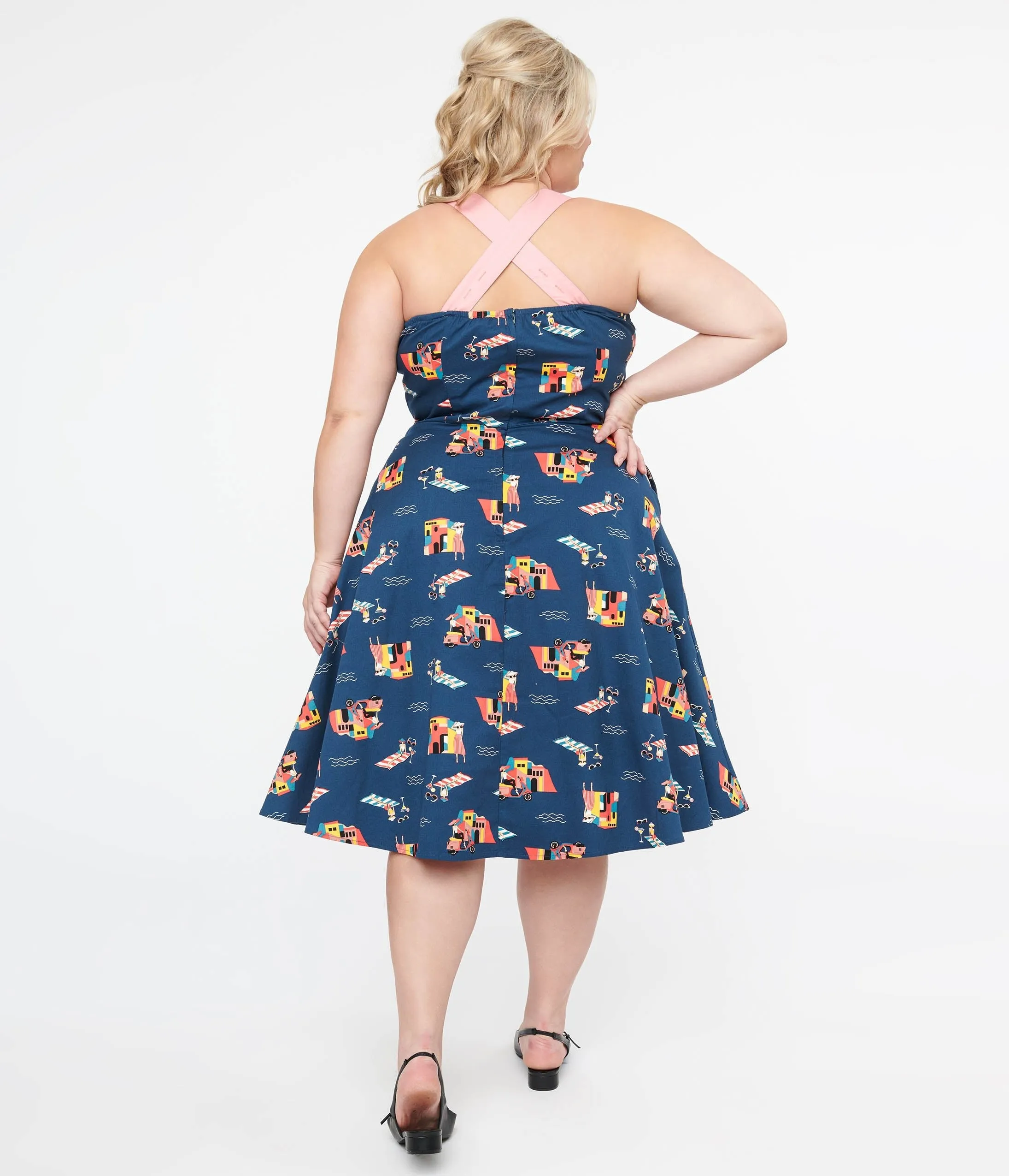 Plus Size 1950s Blue Cotton Portofino Living Print Swing Dress