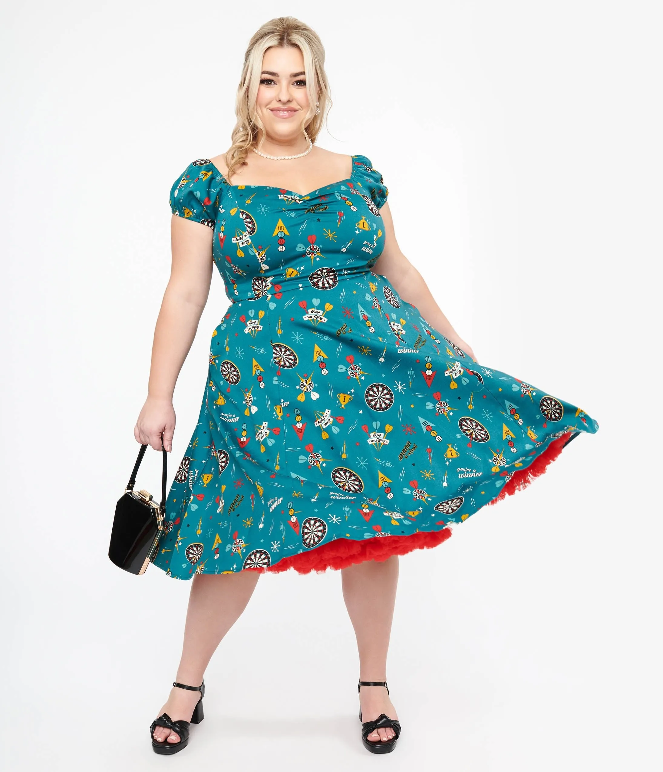 Plus Size 1950s Teal Dart Board Keep Em Flying Cotton Swing Dress