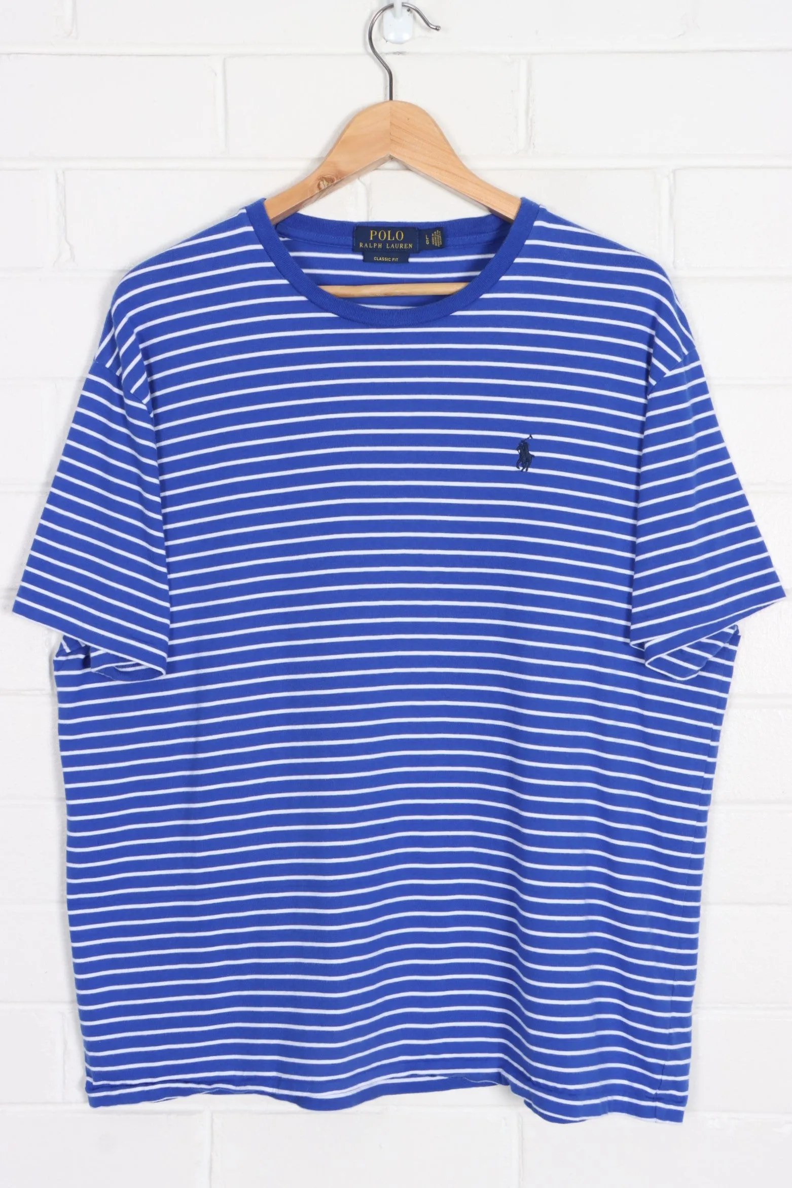 RALPH LAUREN POLO Blue Striped Single Stitch T-Shirt (XL)