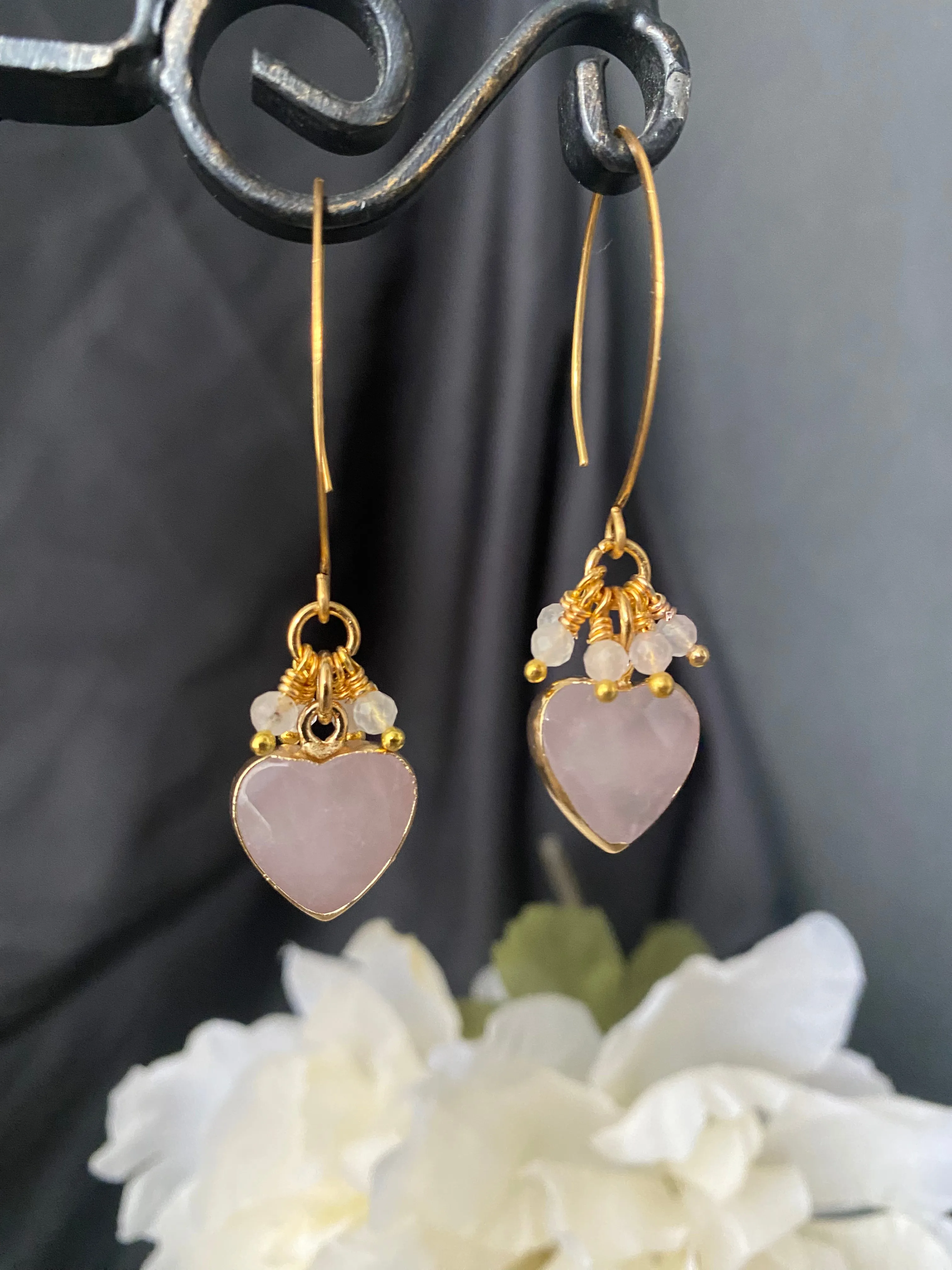 Rose quartz heart charm earrings, jewelry