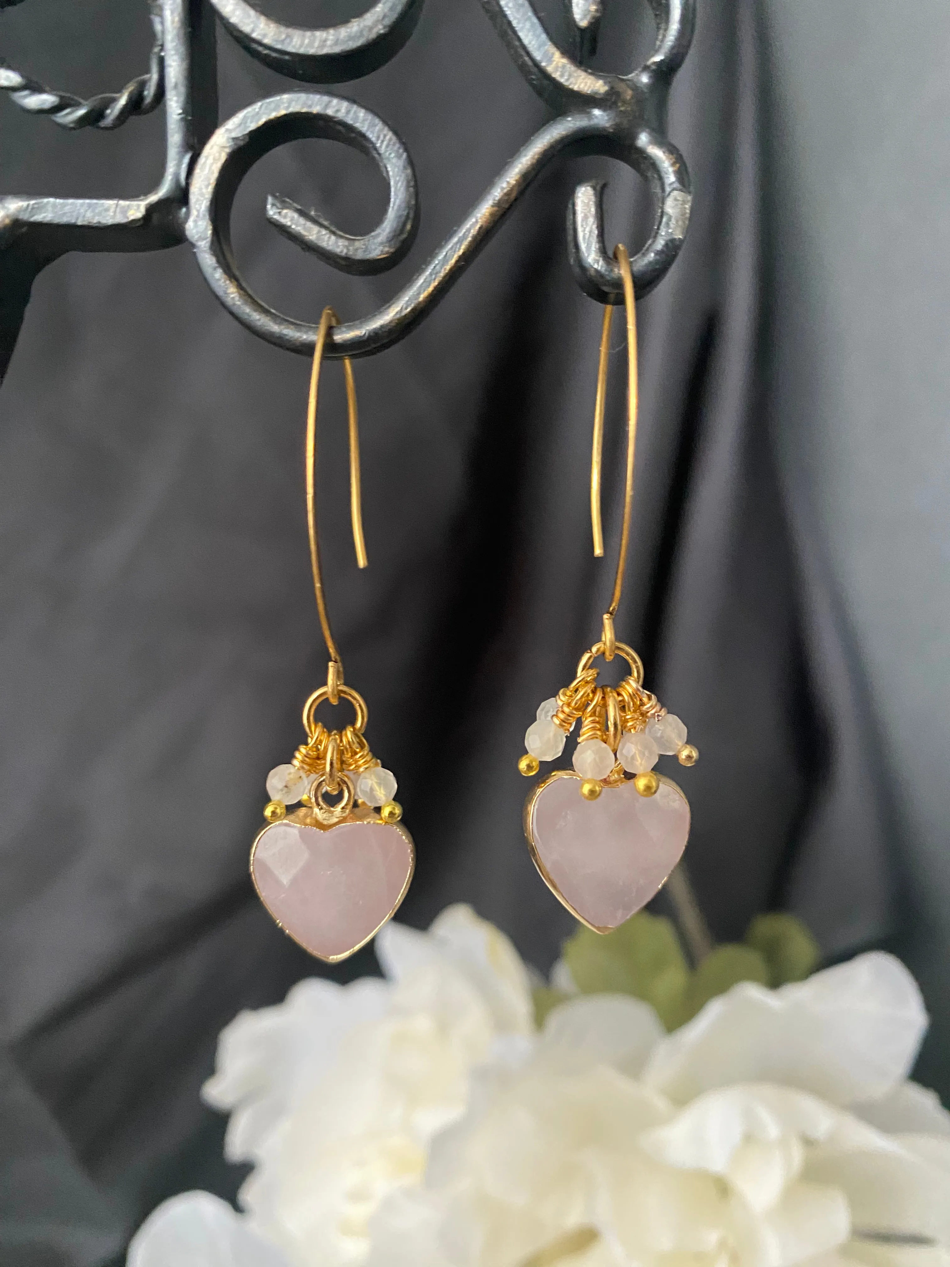 Rose quartz heart charm earrings, jewelry