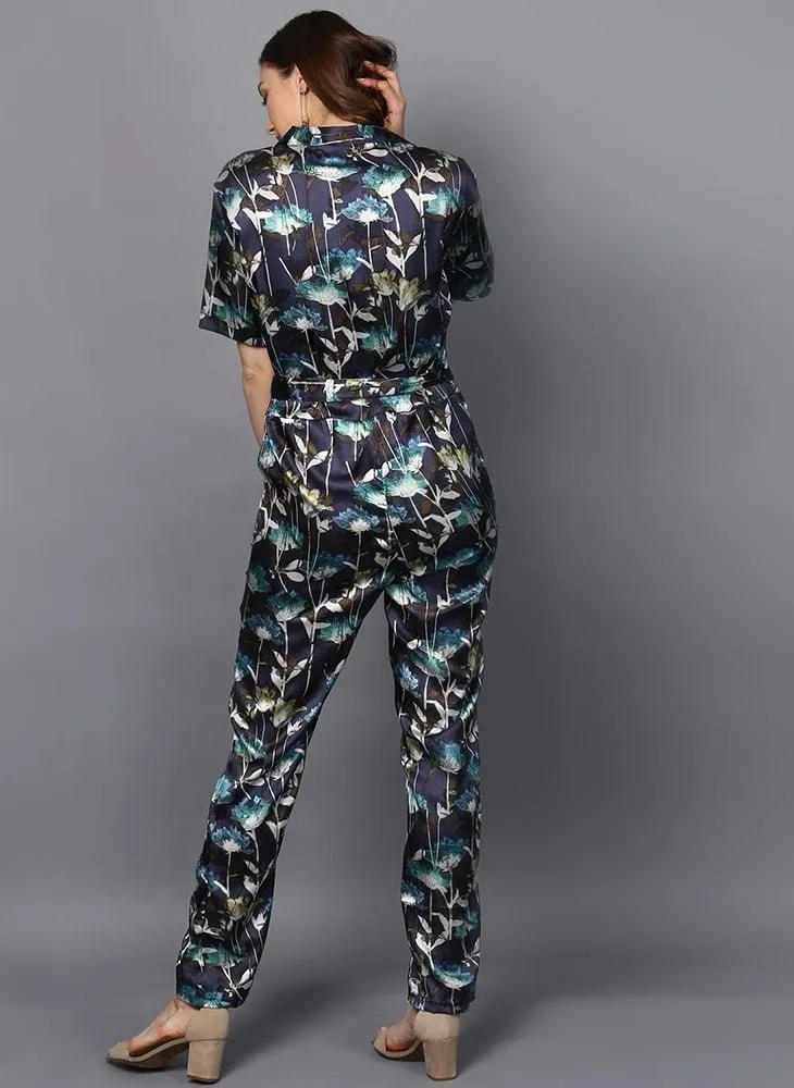 Satin Printed Jumpsuit with Front Lapel Collar