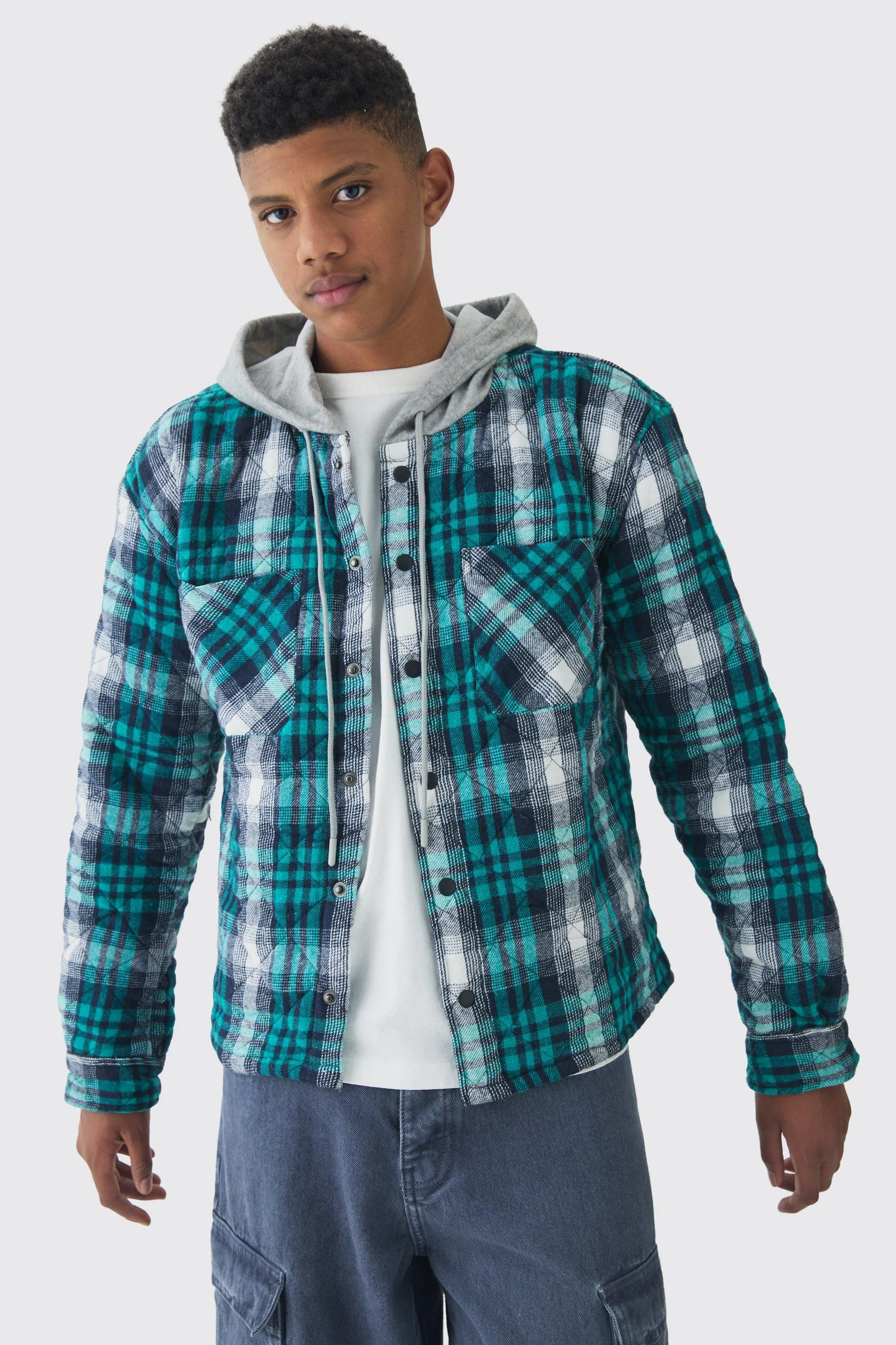 Tall Jersey Homme Hood Padded Checked Overshirt