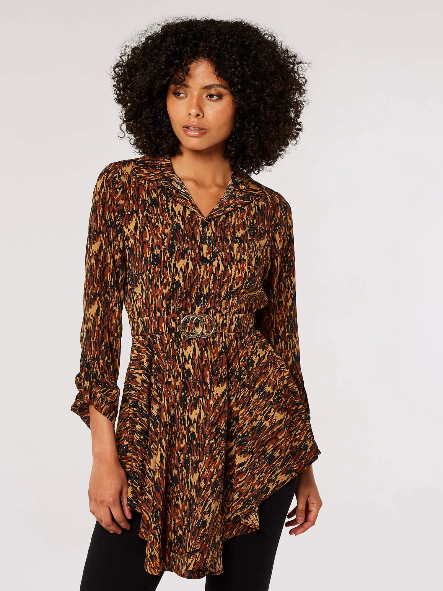 Textured Print Hanky Hem Belted Top | Apricot Clothing