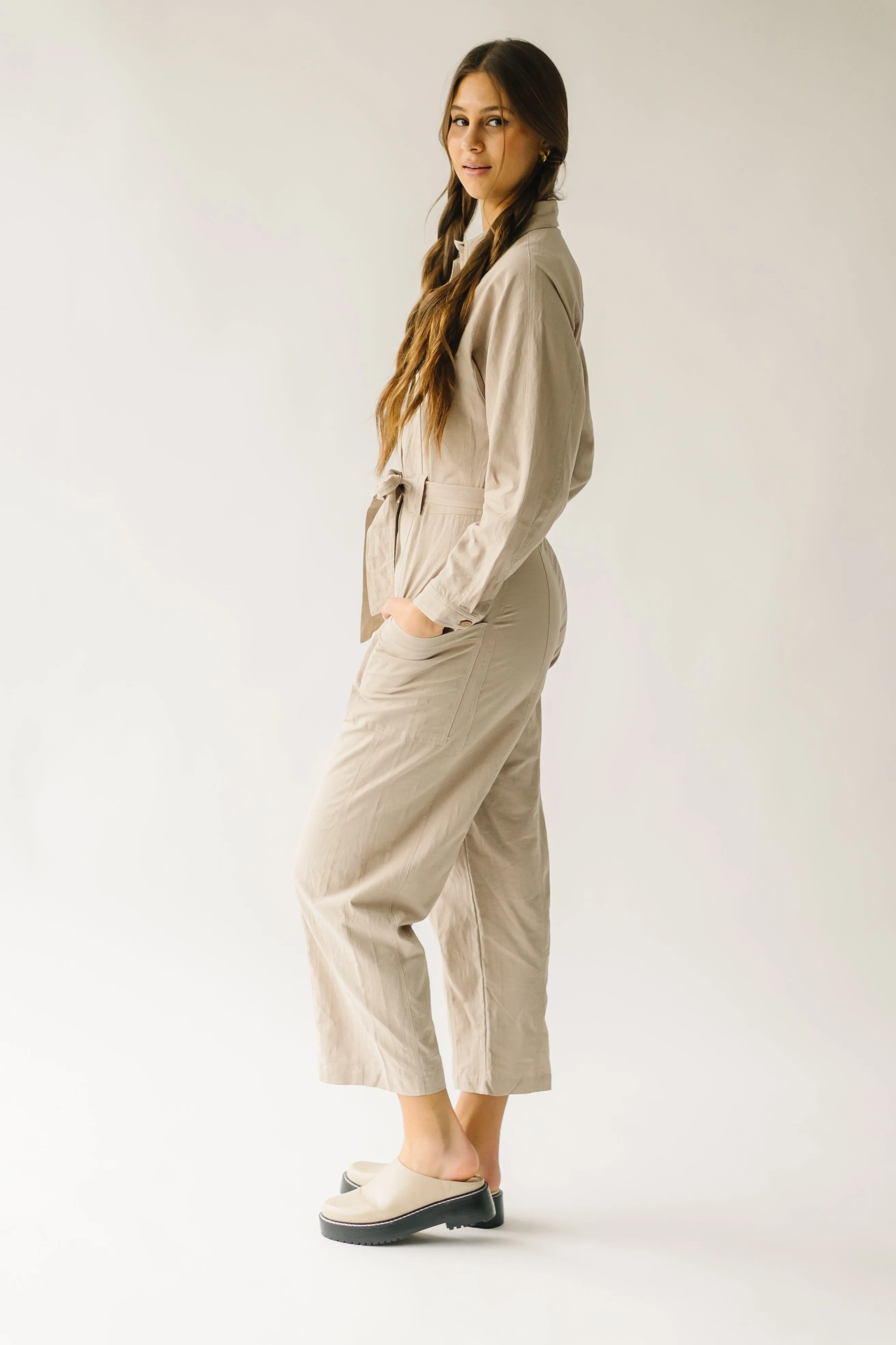 The Peckham Waist-Tie Jumpsuit in Taupe