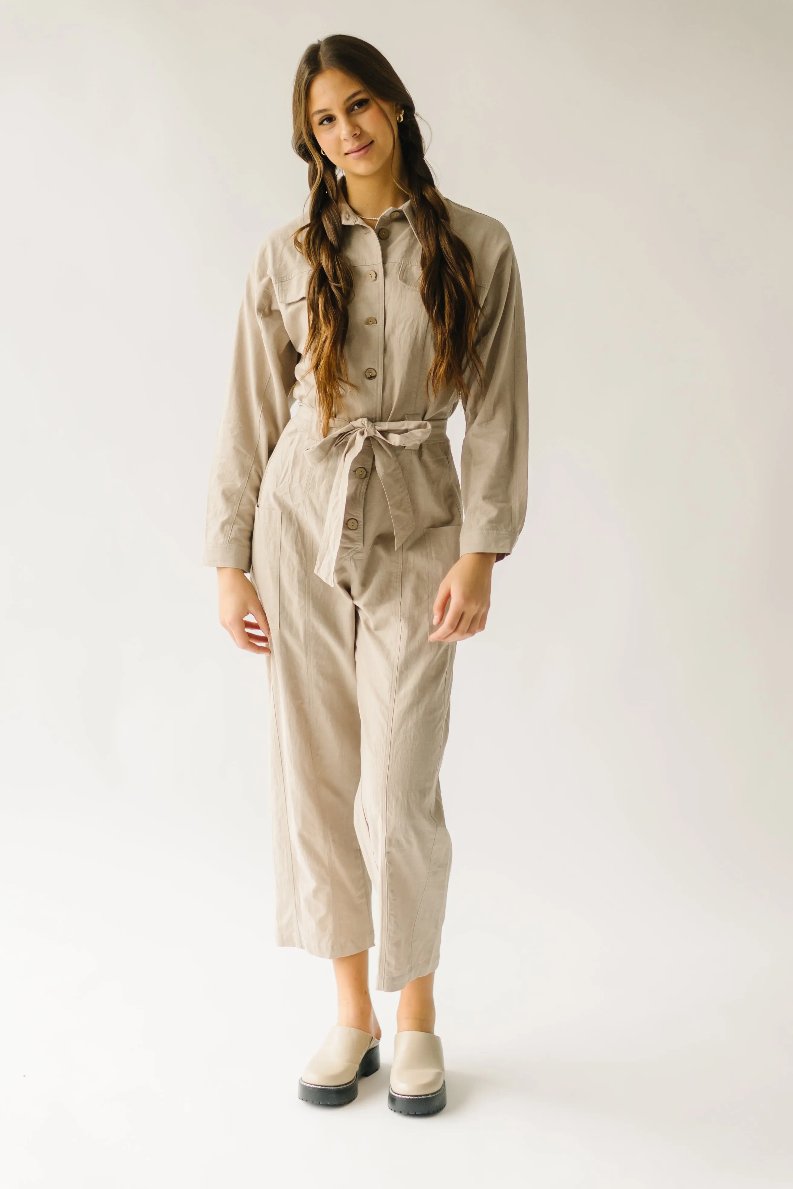 The Peckham Waist-Tie Jumpsuit in Taupe