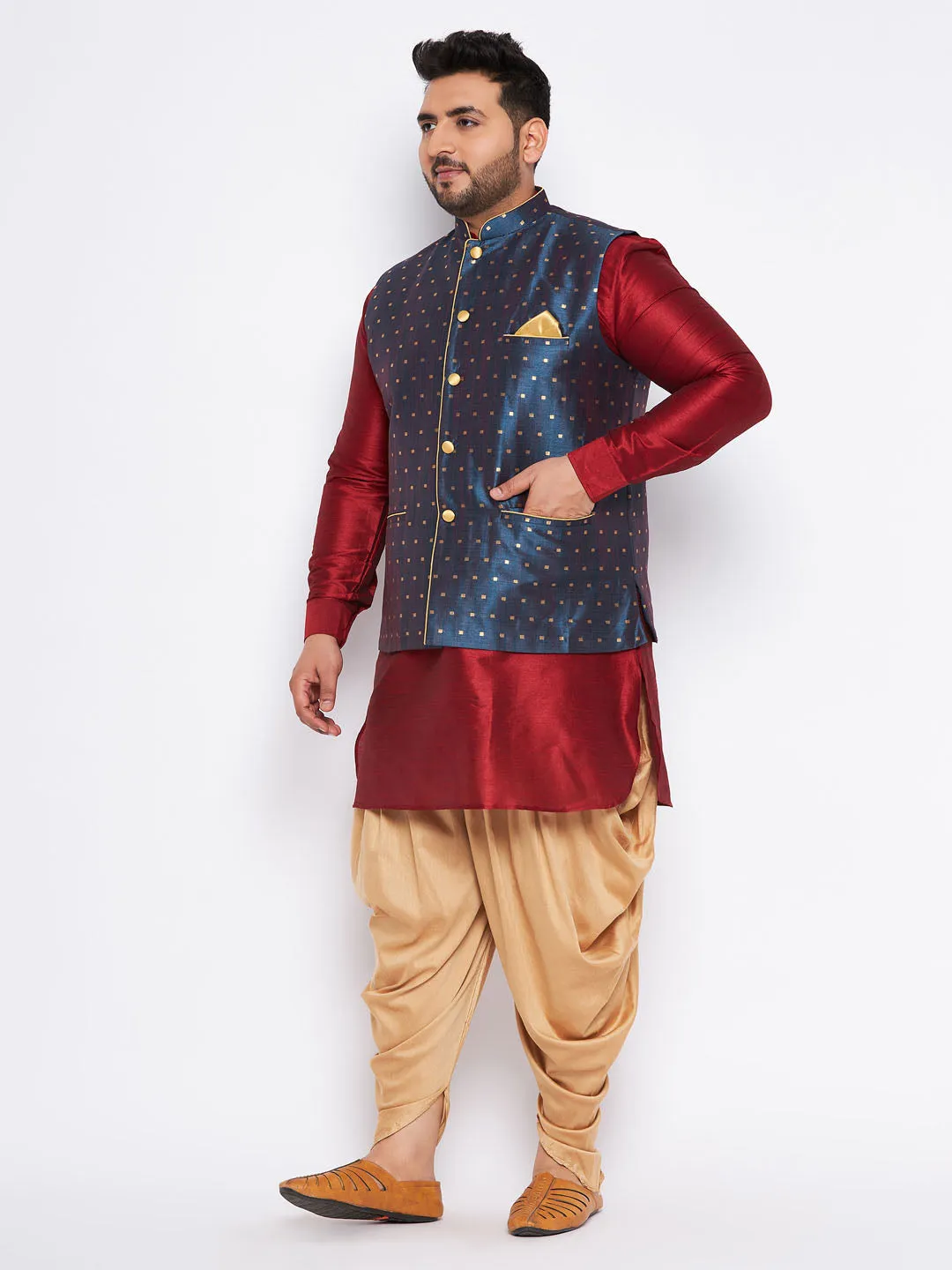 VASTRAMAY Men's Plus Size Blue Zari Weaved Nehru Jacket With Curved Kurta Dhoti set