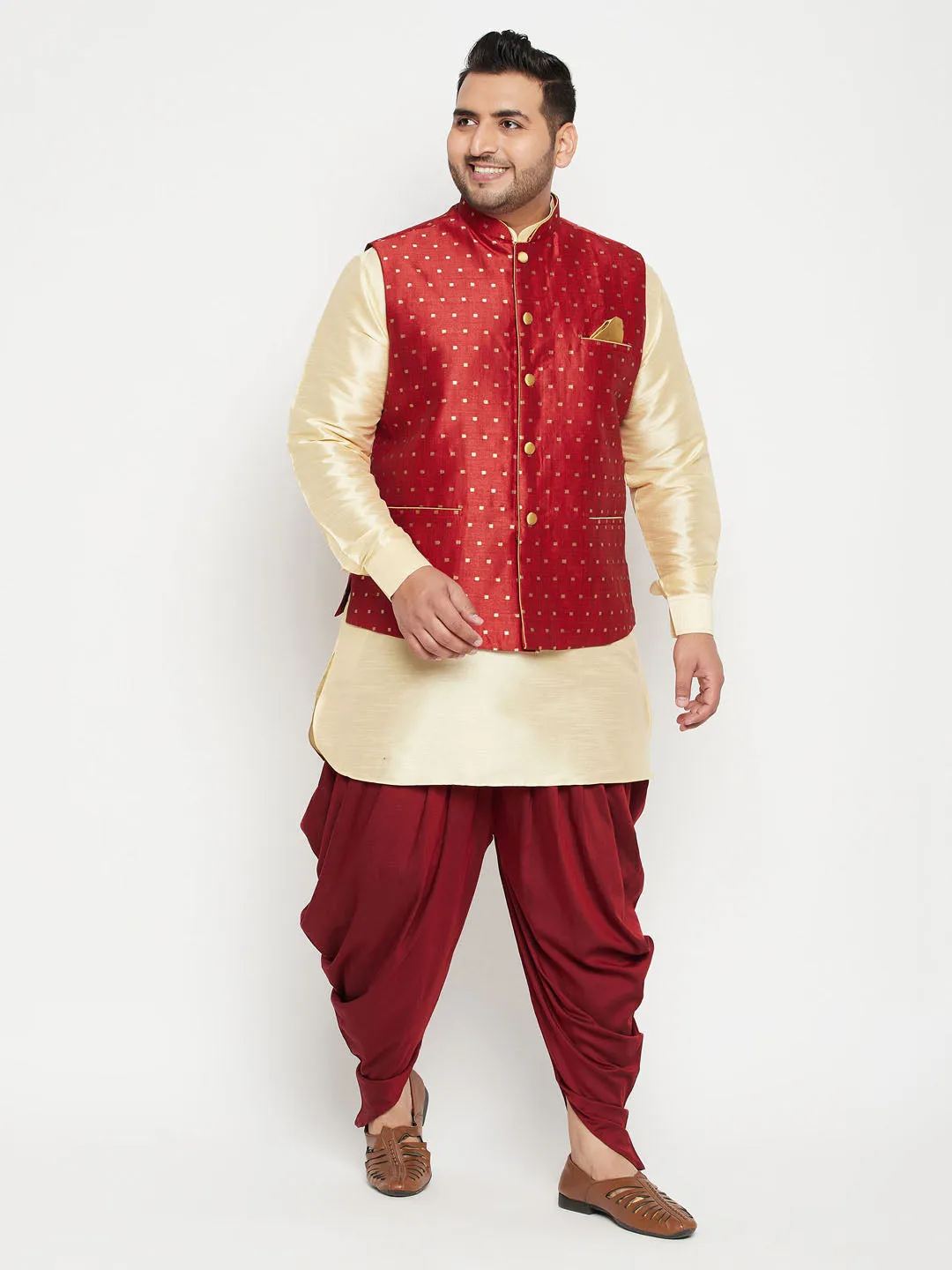 VASTRAMAY Men's Plus Size Gold Zari Weaved Nehru Jacket With Curved Kurta Dhoti set