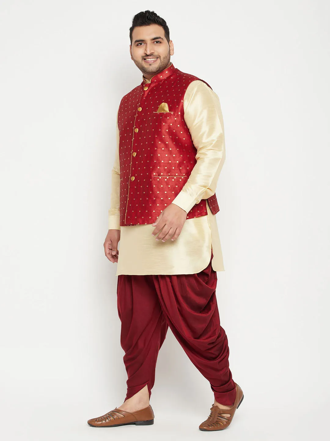 VASTRAMAY Men's Plus Size Gold Zari Weaved Nehru Jacket With Curved Kurta Dhoti set