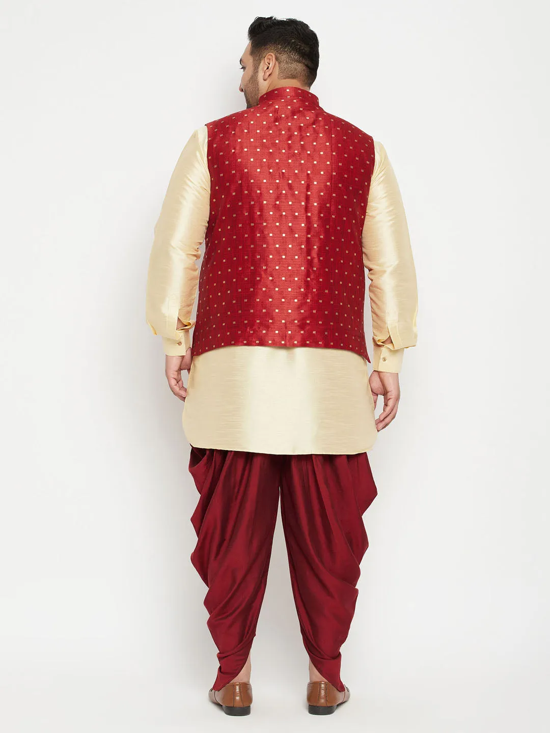 VASTRAMAY Men's Plus Size Gold Zari Weaved Nehru Jacket With Curved Kurta Dhoti set