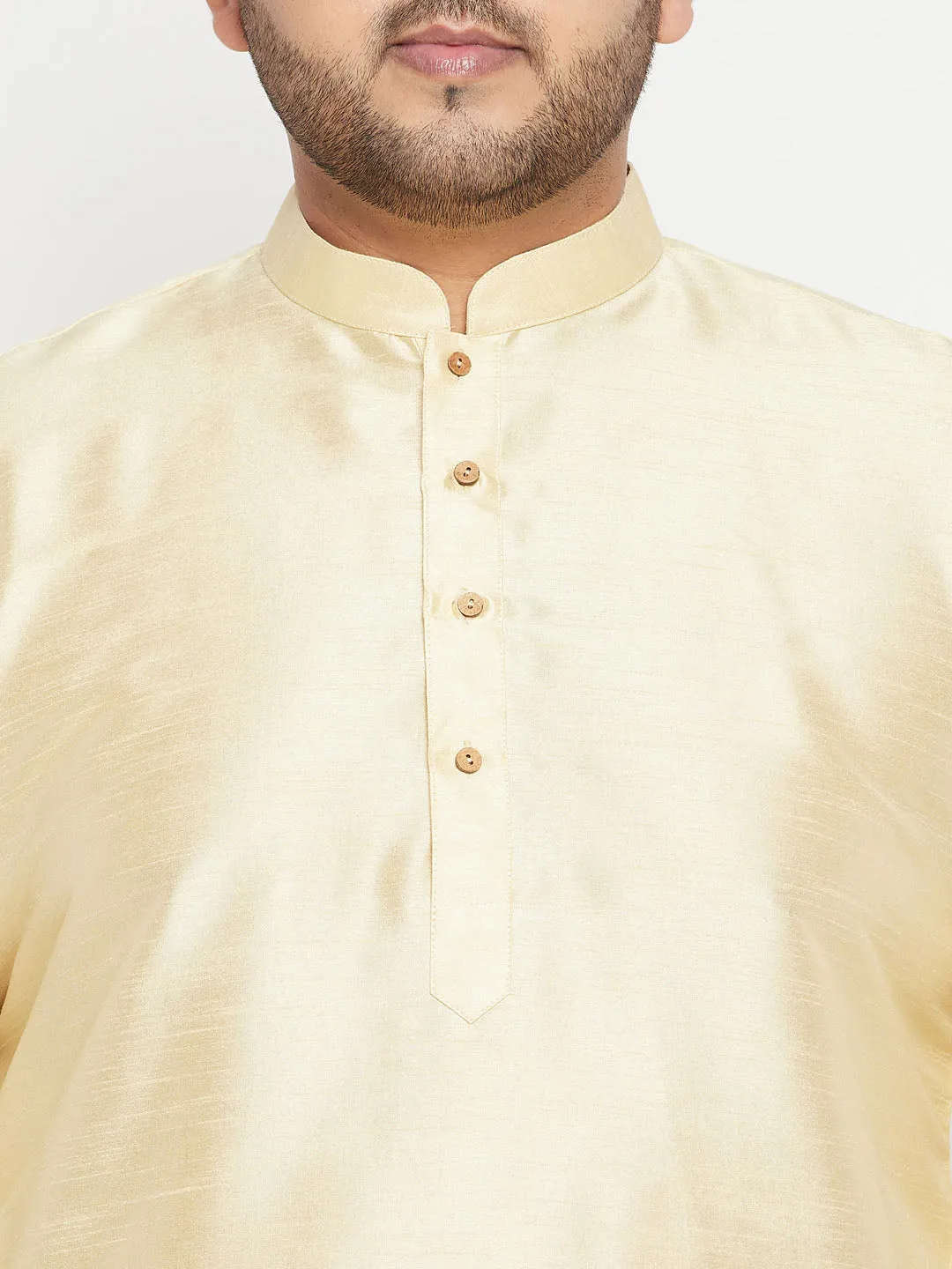 VASTRAMAY Men's Plus Size Gold Zari Weaved Nehru Jacket With Curved Kurta Dhoti set