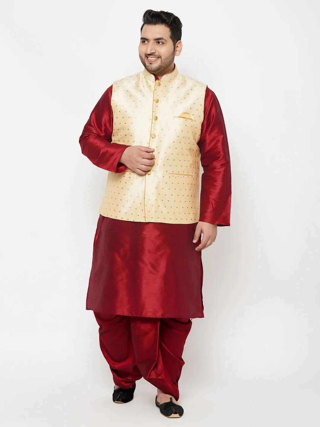 VASTRAMAY PLUS Men's Gold Zari Weaved Nehru Jacket With Kurta Dhoti set