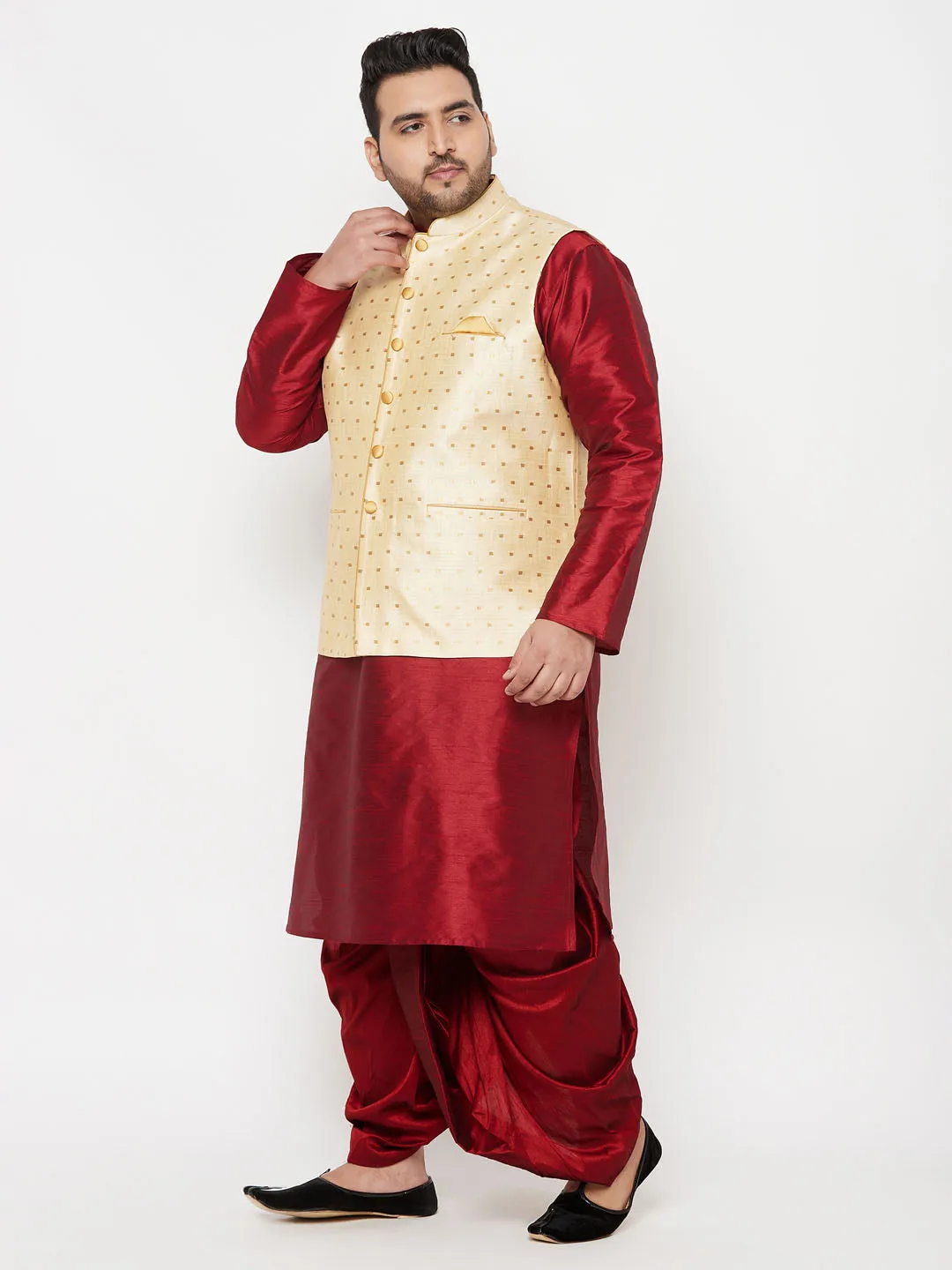 VASTRAMAY PLUS Men's Gold Zari Weaved Nehru Jacket With Kurta Dhoti set