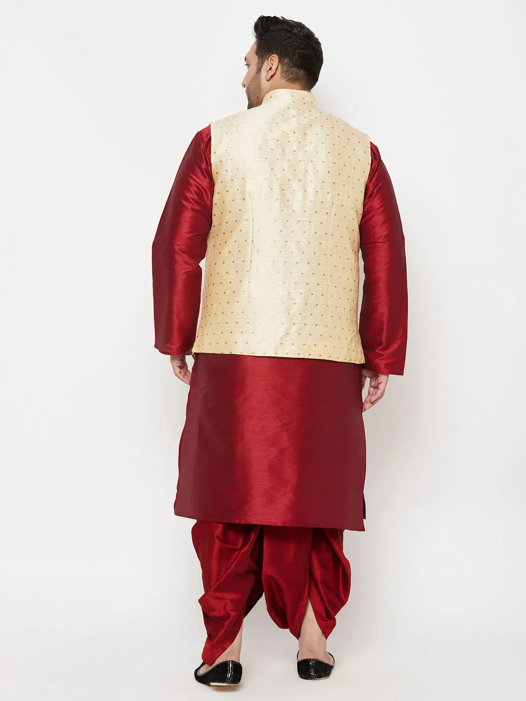 VASTRAMAY PLUS Men's Gold Zari Weaved Nehru Jacket With Kurta Dhoti set