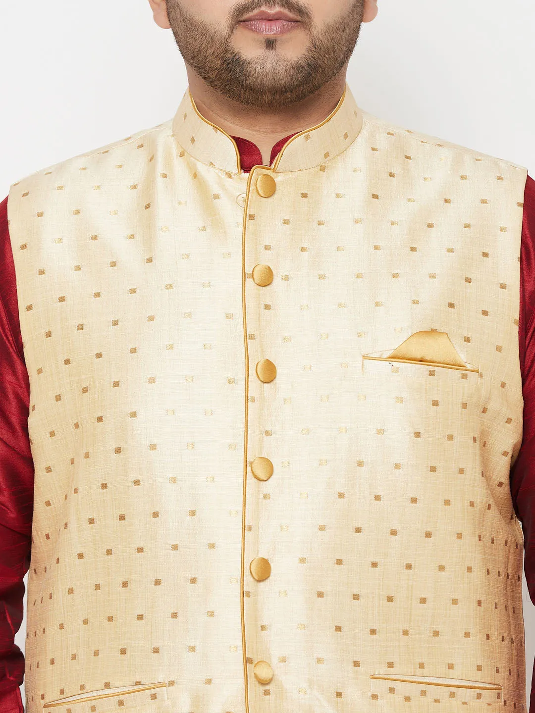 VASTRAMAY PLUS Men's Gold Zari Weaved Nehru Jacket With Kurta Dhoti set