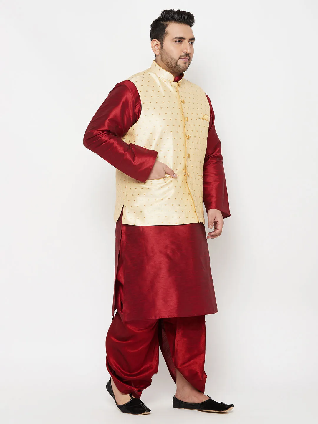 VASTRAMAY PLUS Men's Gold Zari Weaved Nehru Jacket With Kurta Dhoti set