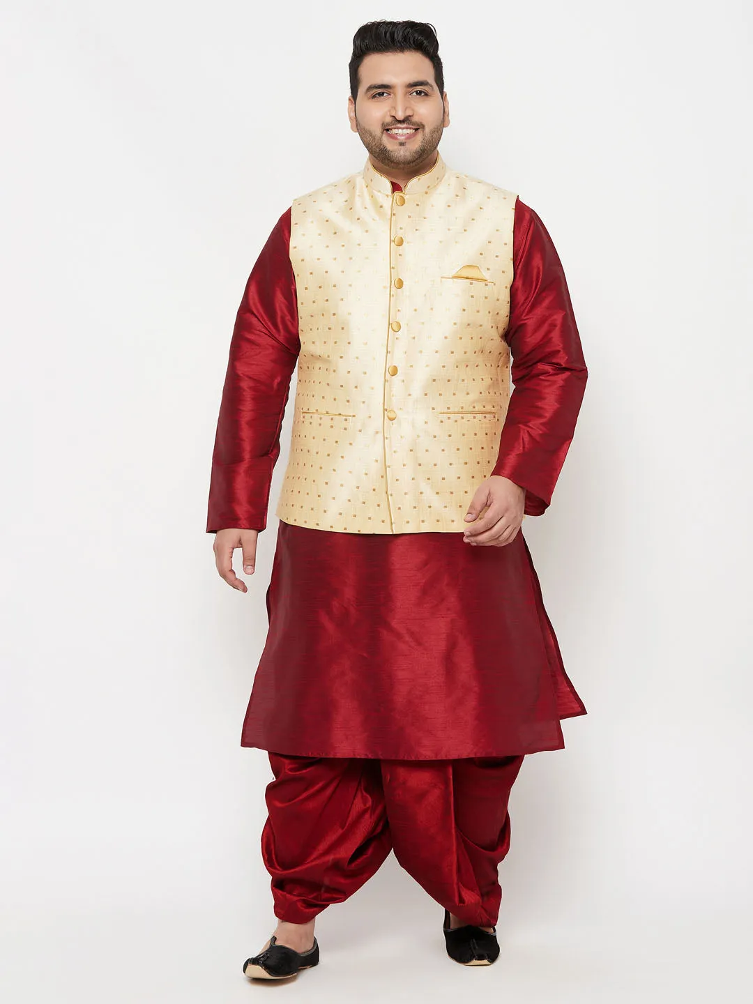 VASTRAMAY PLUS Men's Gold Zari Weaved Nehru Jacket With Kurta Dhoti set