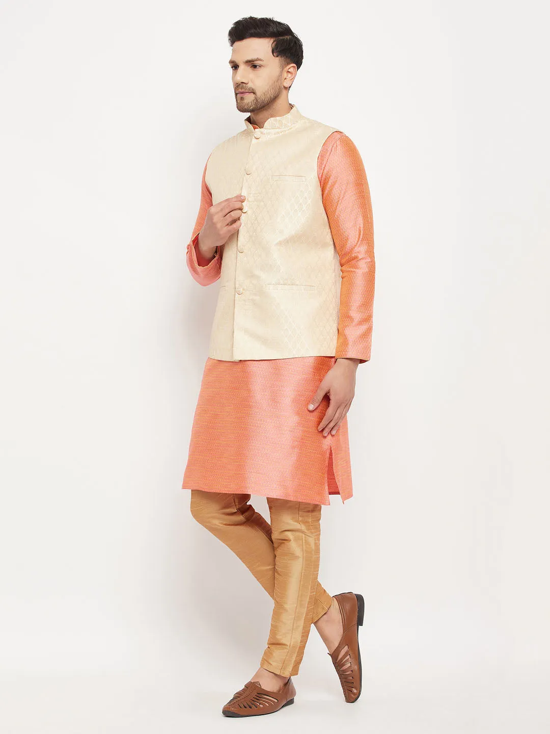 VM BY VASTRAMAY Men's Cream Silk Blend Jacket with Kurta Pant Set