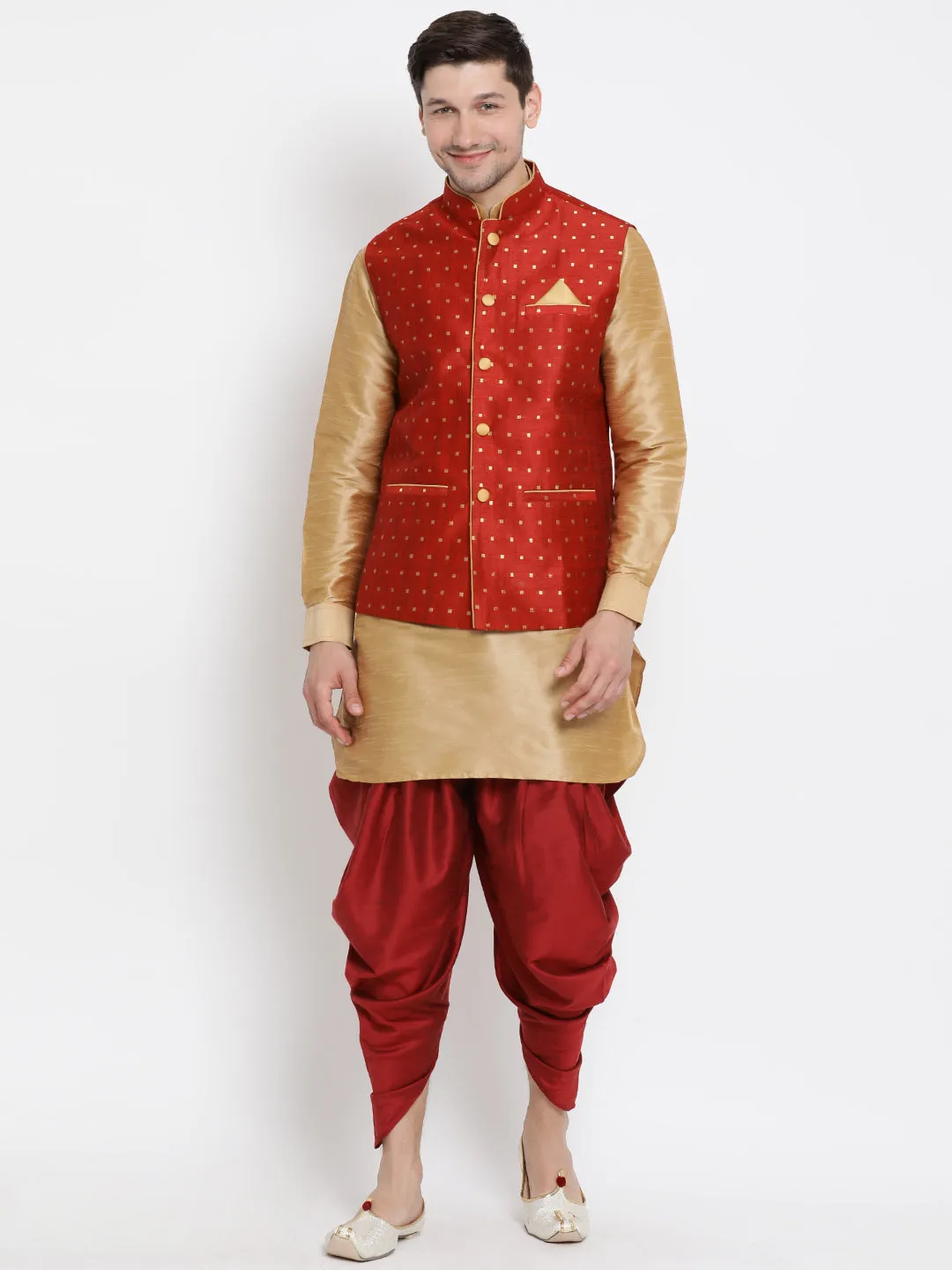 VM By VASTRAMAY Men's Maroon Zari Weaved Jacket With Kurta Dhoti Set