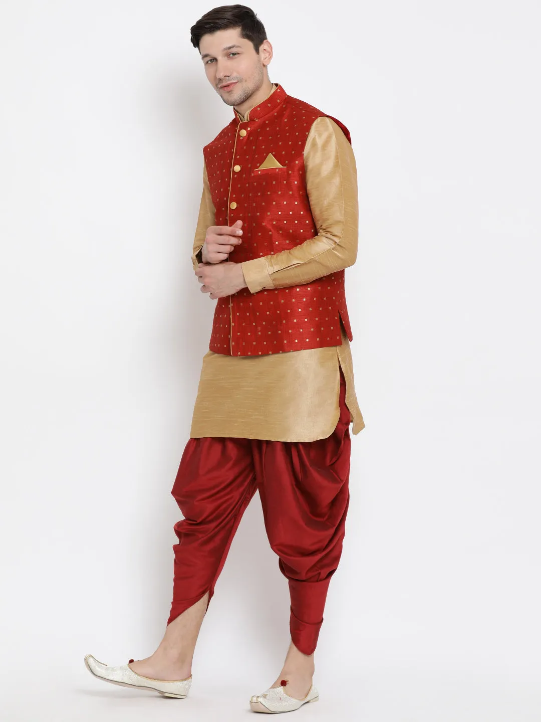 VM By VASTRAMAY Men's Maroon Zari Weaved Jacket With Kurta Dhoti Set