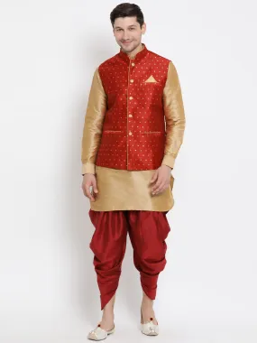 VM By VASTRAMAY Men's Maroon Zari Weaved Jacket With Kurta Dhoti Set