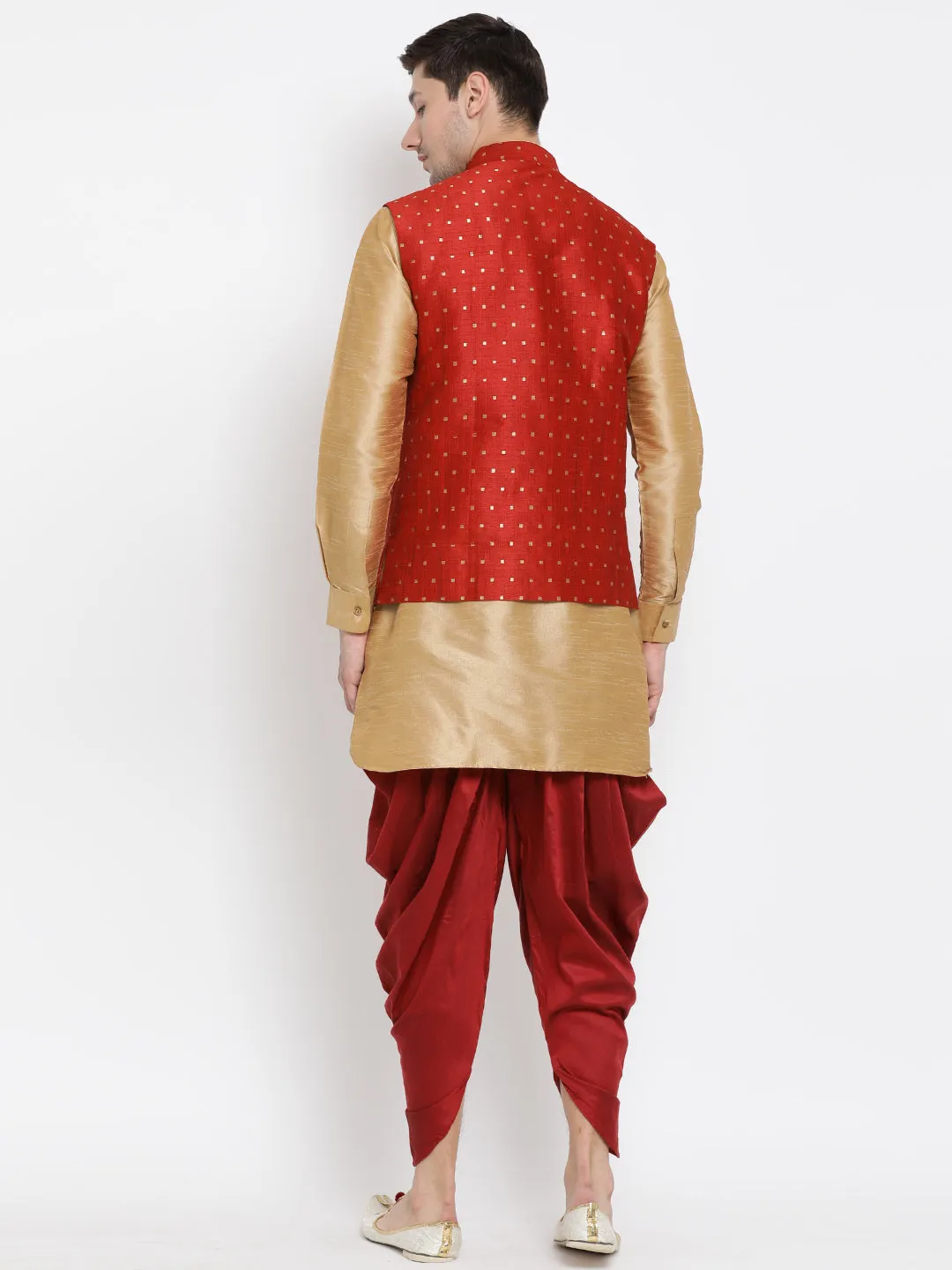 VM By VASTRAMAY Men's Maroon Zari Weaved Jacket With Kurta Dhoti Set