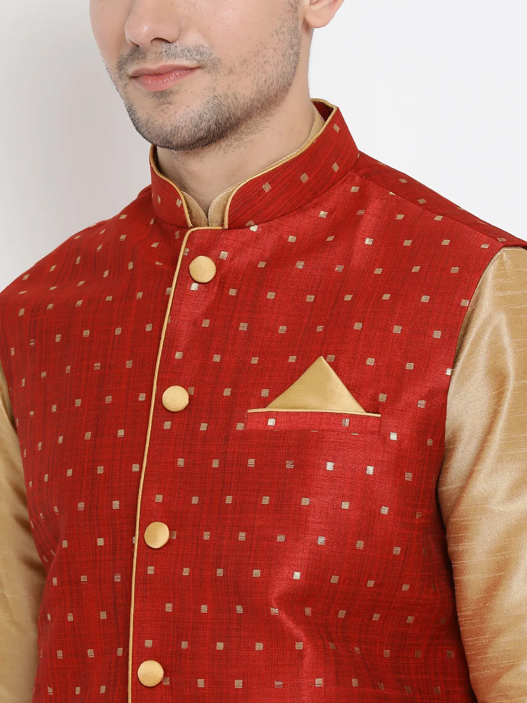 VM By VASTRAMAY Men's Maroon Zari Weaved Jacket With Kurta Dhoti Set