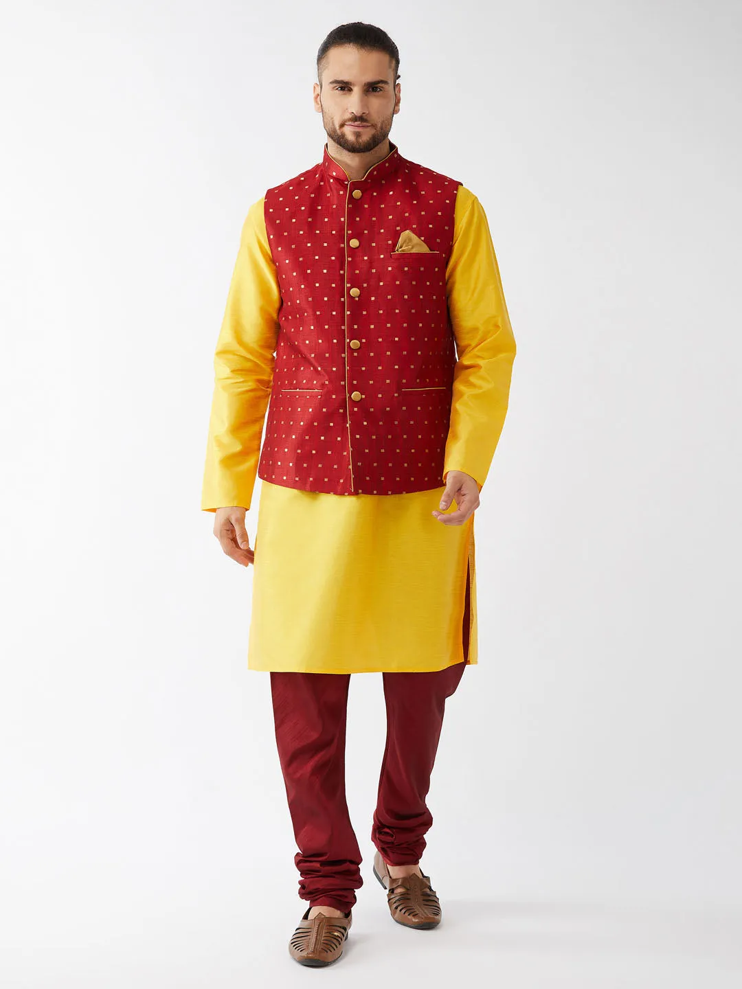 VM By VASTRAMAY Men's  Maroon Zari Weaved Jacket With Kurta Pyjama Set