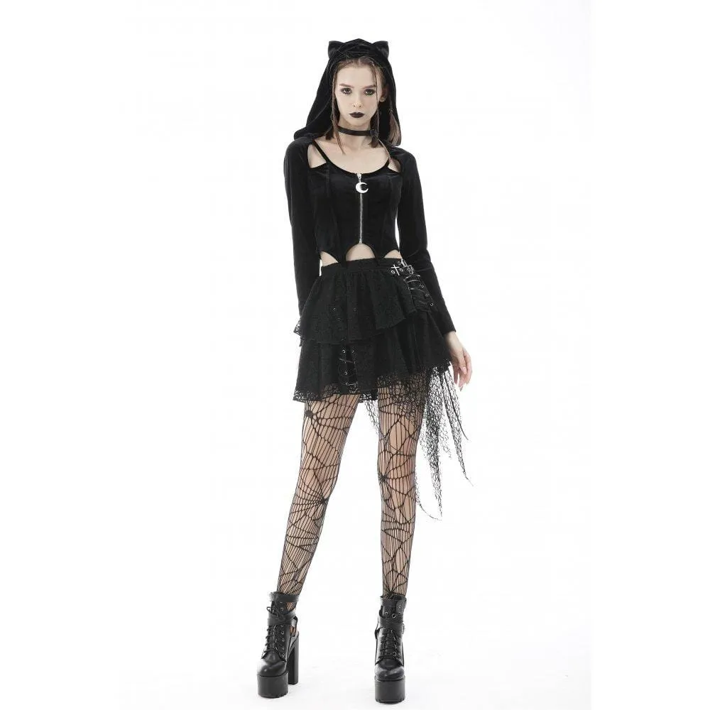 Women's Punk Irregular Zipper Crop Top with Cat's Ears Hood