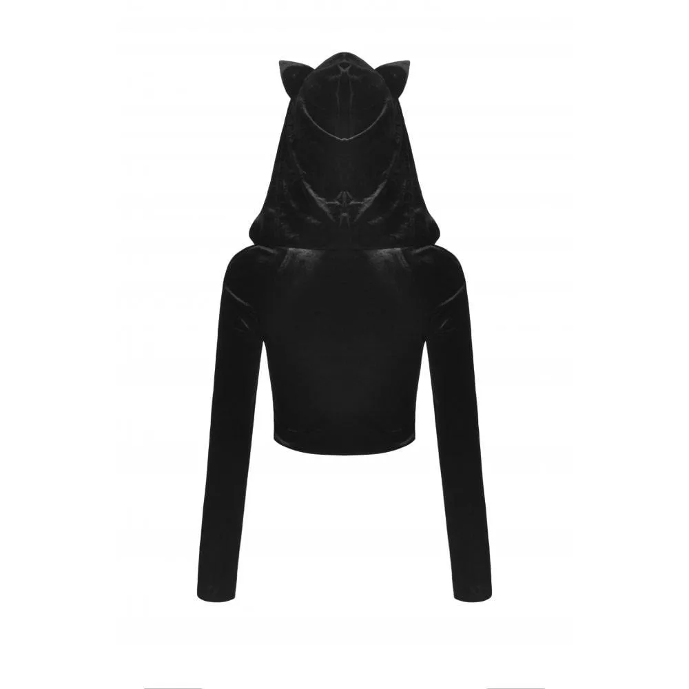 Women's Punk Irregular Zipper Crop Top with Cat's Ears Hood